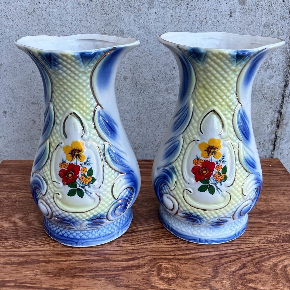 Ceramic Vases Vintage 9” Tall Floral Hand Painted Good Condition Made In Brazil